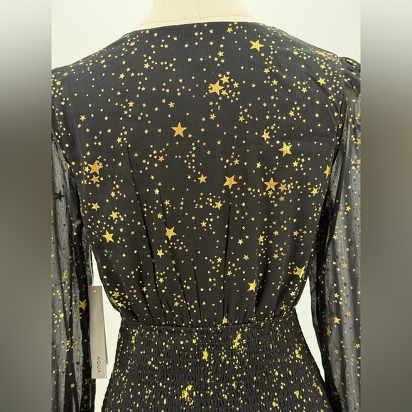 AQUA Star Print Smocked Black & Gold Star Print Smocked Mini Dress Long Sleeve - Picture 8 of 17